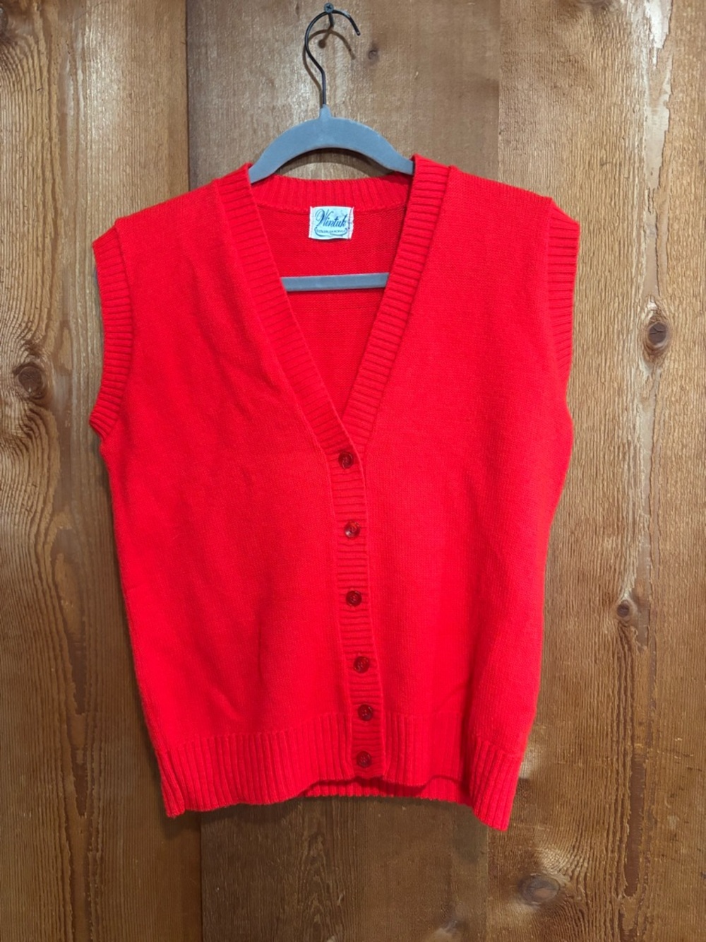 Vintage 70s Wintuk Orlon Acrylic Red Knit Button Up Cardigan Sweater Vest S M